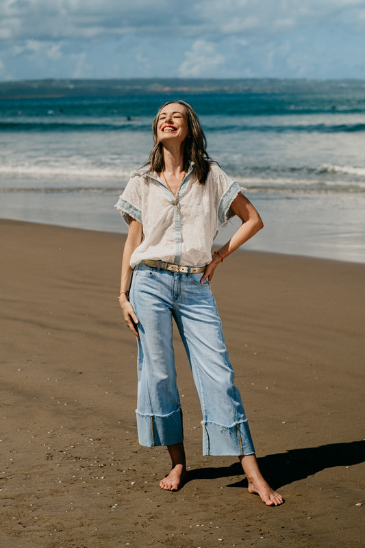 Light Blue Wash Cuffed Wide Leg Jeans