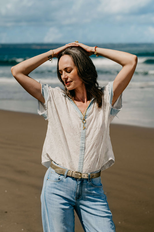 White Embroidered Denim-Trim Short Sleeve Shirt