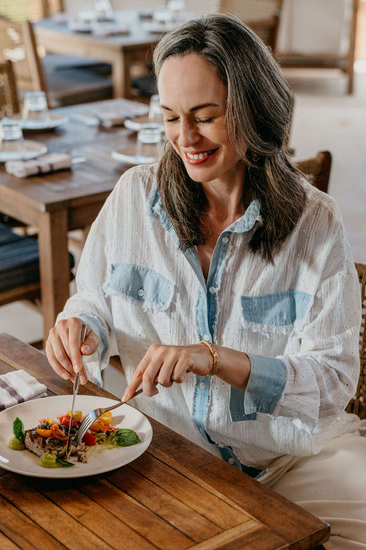 White Sheer Denim-Trim Long Sleeve Shirt