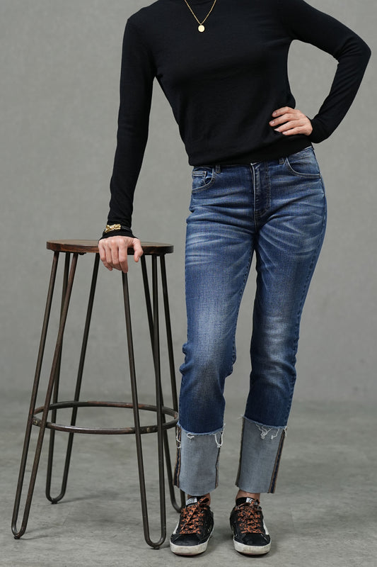Jean coupe cigarette slim à revers fixe en denim stretch moyen