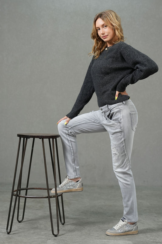 Jean gris coupe slim en denim stretch avec effet usé