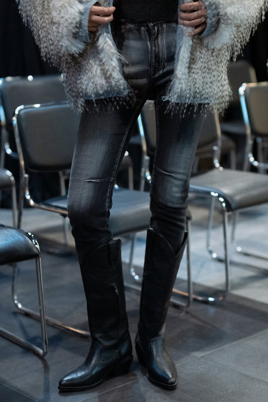 Jean slim délavé noir à effet dégradé gris en denim rigide