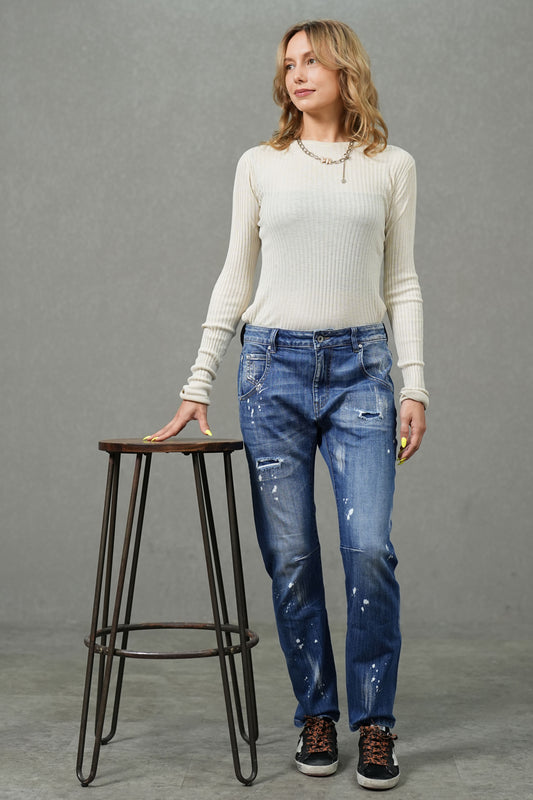 Jean bleu moyen coupe slim stretch moyen à effet usé et taches de peinture