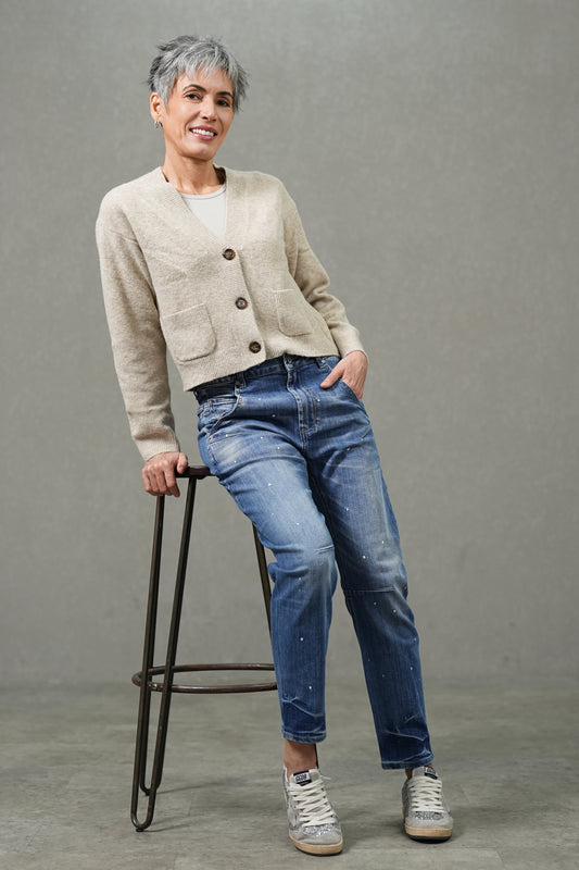 Jean bleu moyen coupe slim stretch moyen à effet taches de peinture