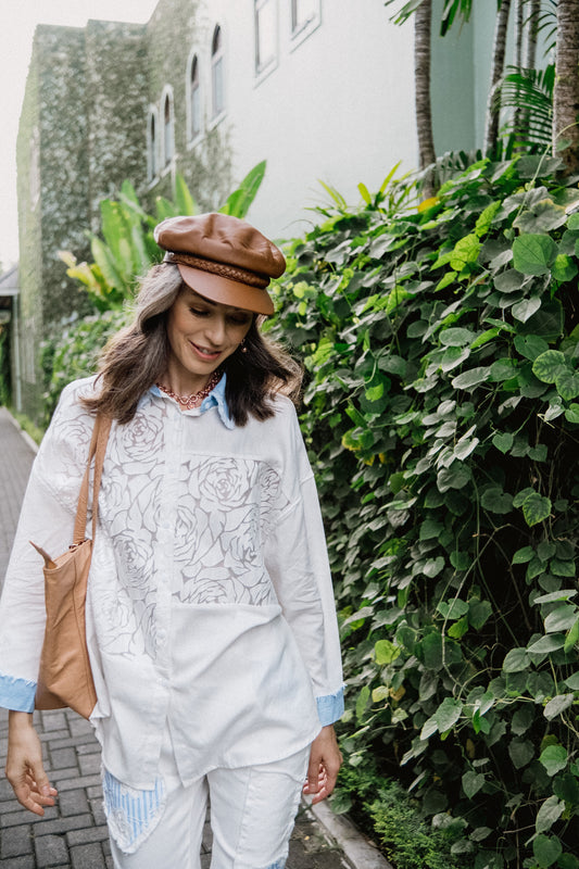 Chemise à col en denim jacquard rose blanche